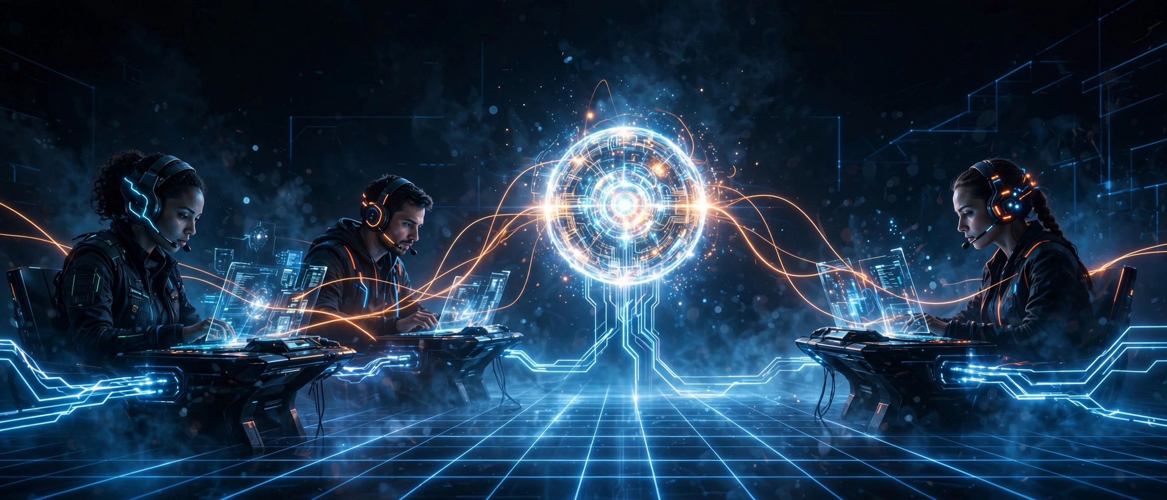 Bilingual human agents at glowing holographic workstations, connected by electric-blue circuit lines and orange light trails to a central AI core of light